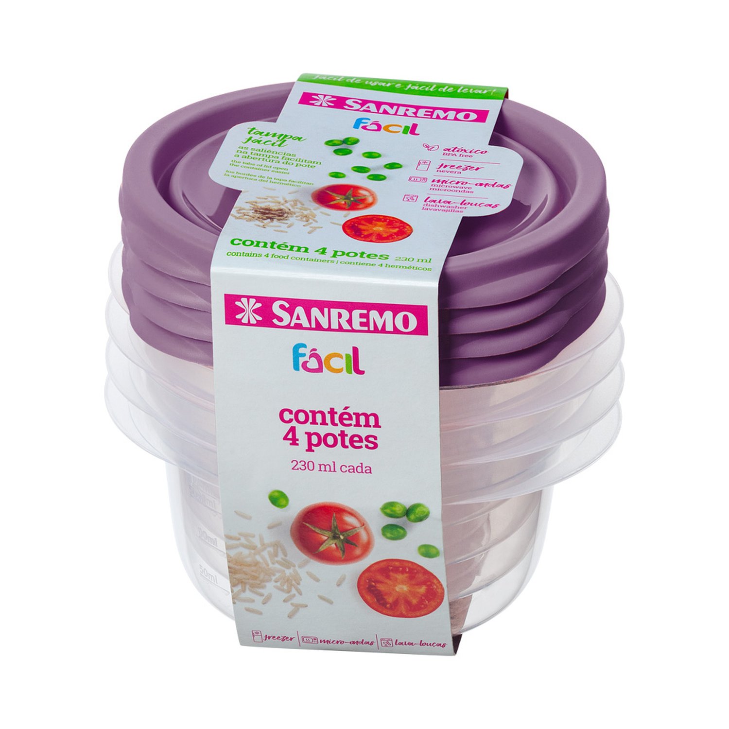 Conjunto 4 Potes Plastico Sanremo 230ML Acai e Verde