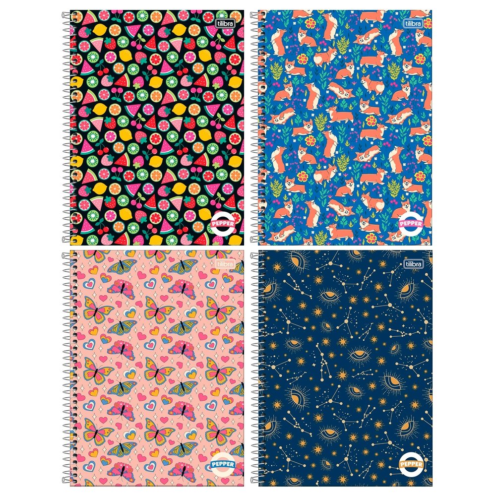 Caderno Espiral Tilibra Universitário Capa Dura Pepper 1 Matéria 80 Folhas - Embalagem com 4 Unidades (Sortidos)