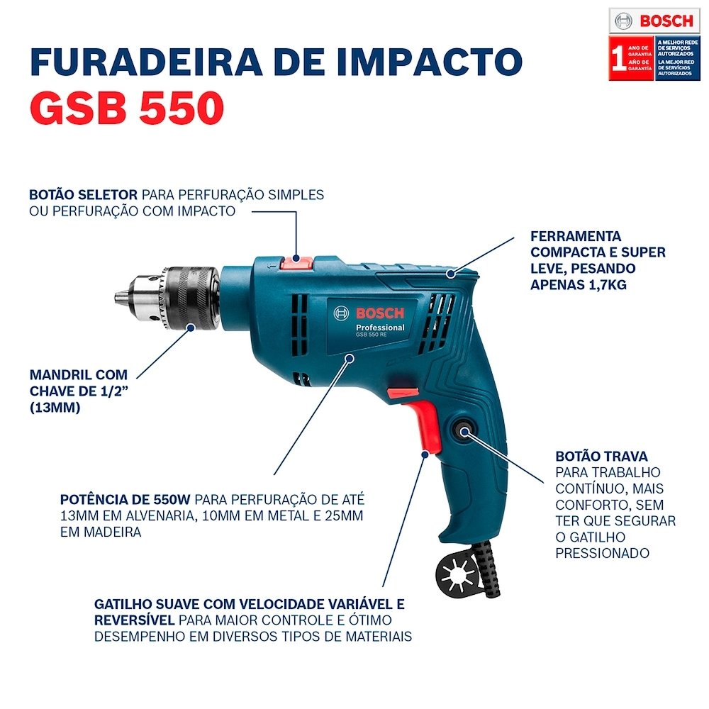 Furadeira de Impacto  Bosch 1/2 GSB550 VVR + 34 Acessórios 550W 110V