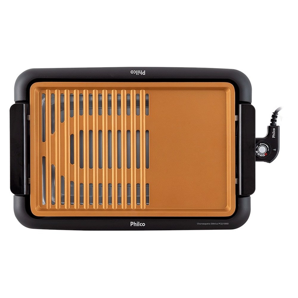 Churrasqueira Elétrica Philco PCQ1500D, Grelha Antiaderente, 1500W, Preto/Dourado, 220V