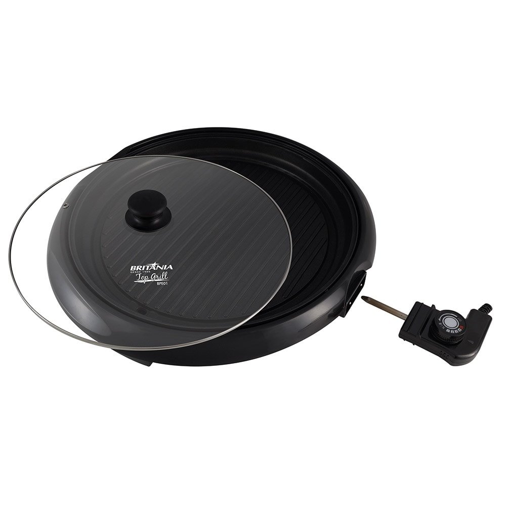 Grill Britânia Top Grill com Tampa de Vidro | 1200W, 35cm, Bandeja Coletora, Preto, 110V