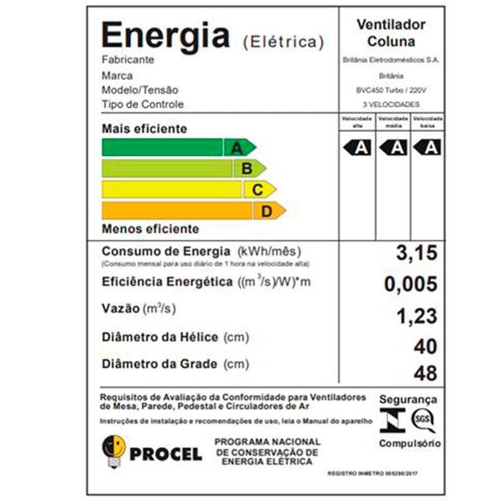 Ventilador Coluna Britânia BVC450P Turbo, 40cm, 3 Velocidades, Preto, 220V