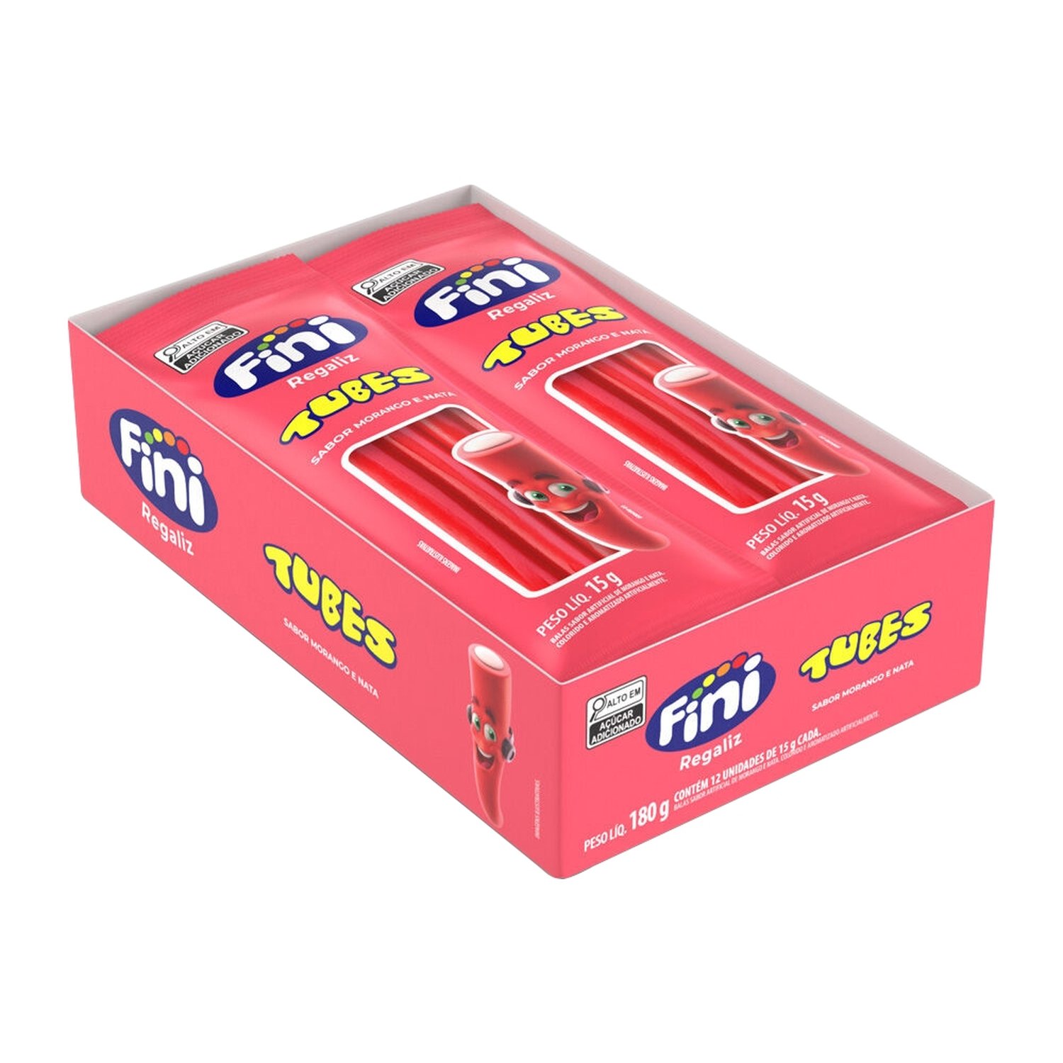 Bala Fini Regaliz Tubes Morango 15g Embalagem com 12 Unidades