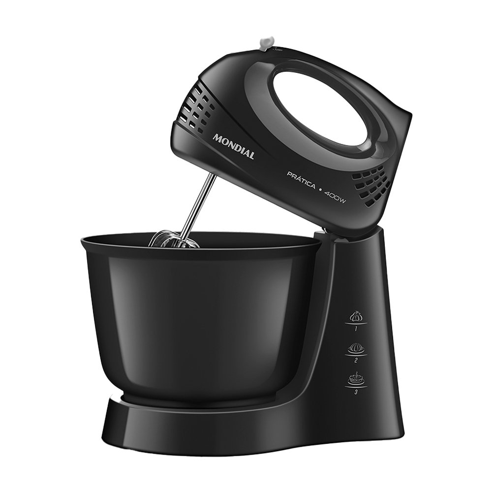 Batedeira Mondial Prática B44B - 3 Velocidades + Turbo, 1 Tigela, 400W, Preta, 220V