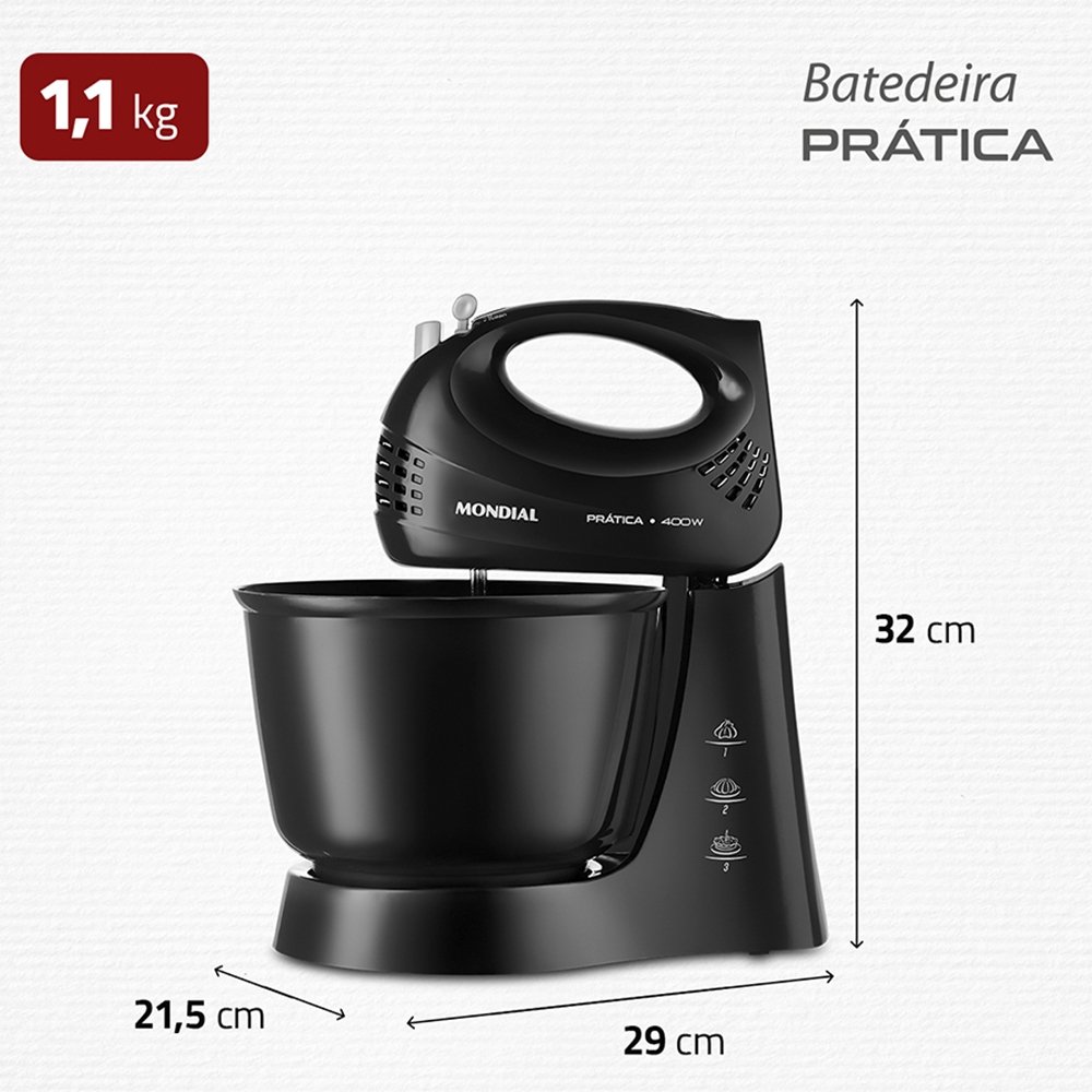Batedeira Mondial Prática B44B - 3 Velocidades + Turbo, 1 Tigela, 400W, Preta, 220V