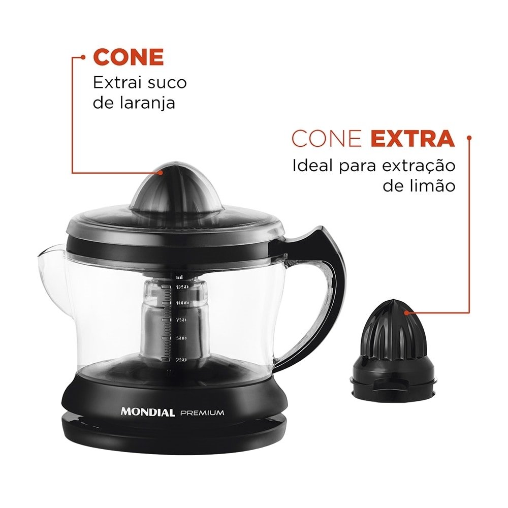 Espremedor de Frutas Mondial E02 Premium - 30W, 1,25 Litros, Preto,  110V