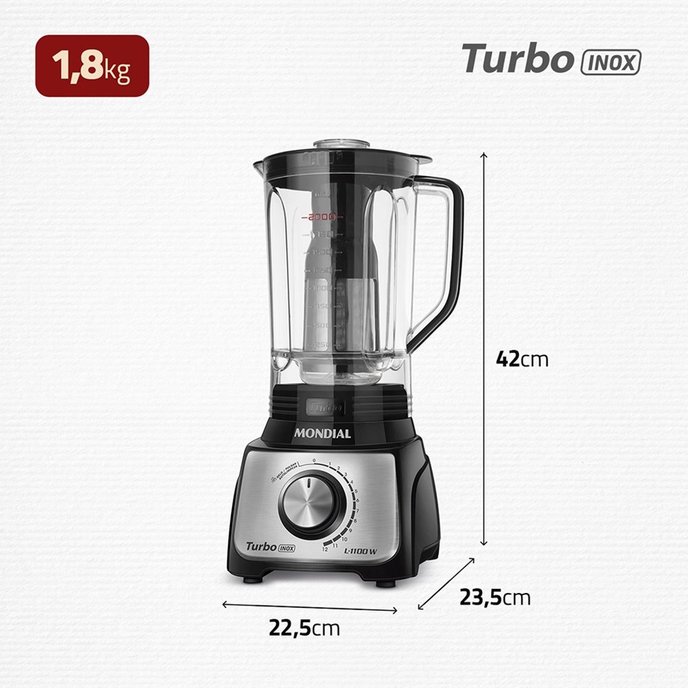 Liquidificador Mondial L-1100BI | 12 Velocidades+Pulsar, 1100W, 3 Litros Preto/Inox 220V