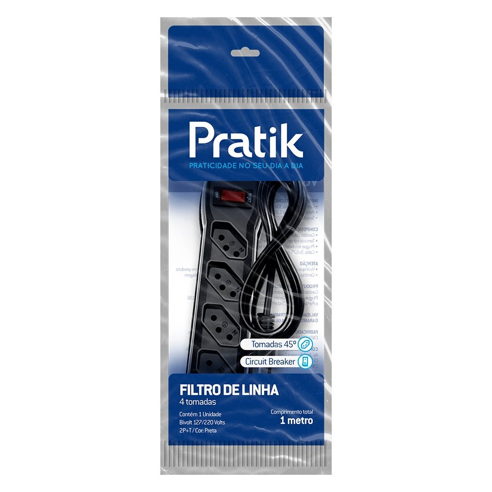 Filtro de Linha Pratik 4 Tomadas 3x0,75mm 10A Cabo 1m Preto