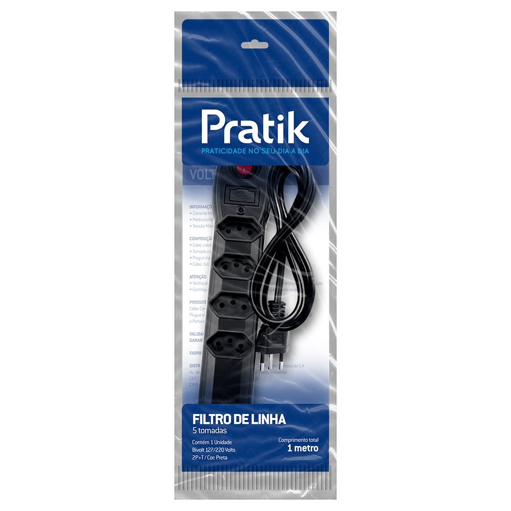 Filtro de Linha Pratik 5 Tomadas 3x0,75mm 10A Cabo 1m Preto