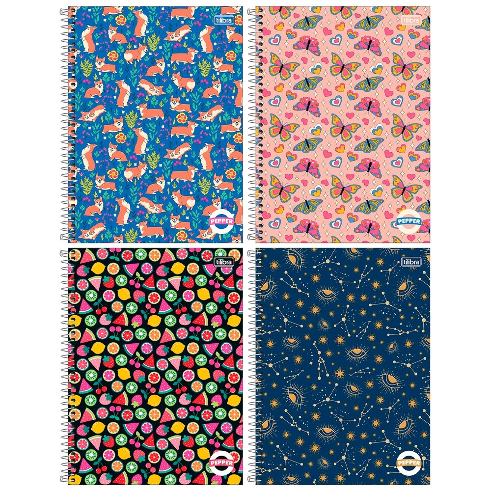 Caderno Espiral Tilibra Universitário Capa Dura Pepper Feminino 16 Matérias 256 Folhas - Embalagem com 2 Unidades