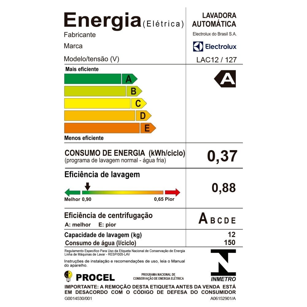 Máquina de Lavar Roupas 12Kg Electrolux LAC12, Branca, 110V