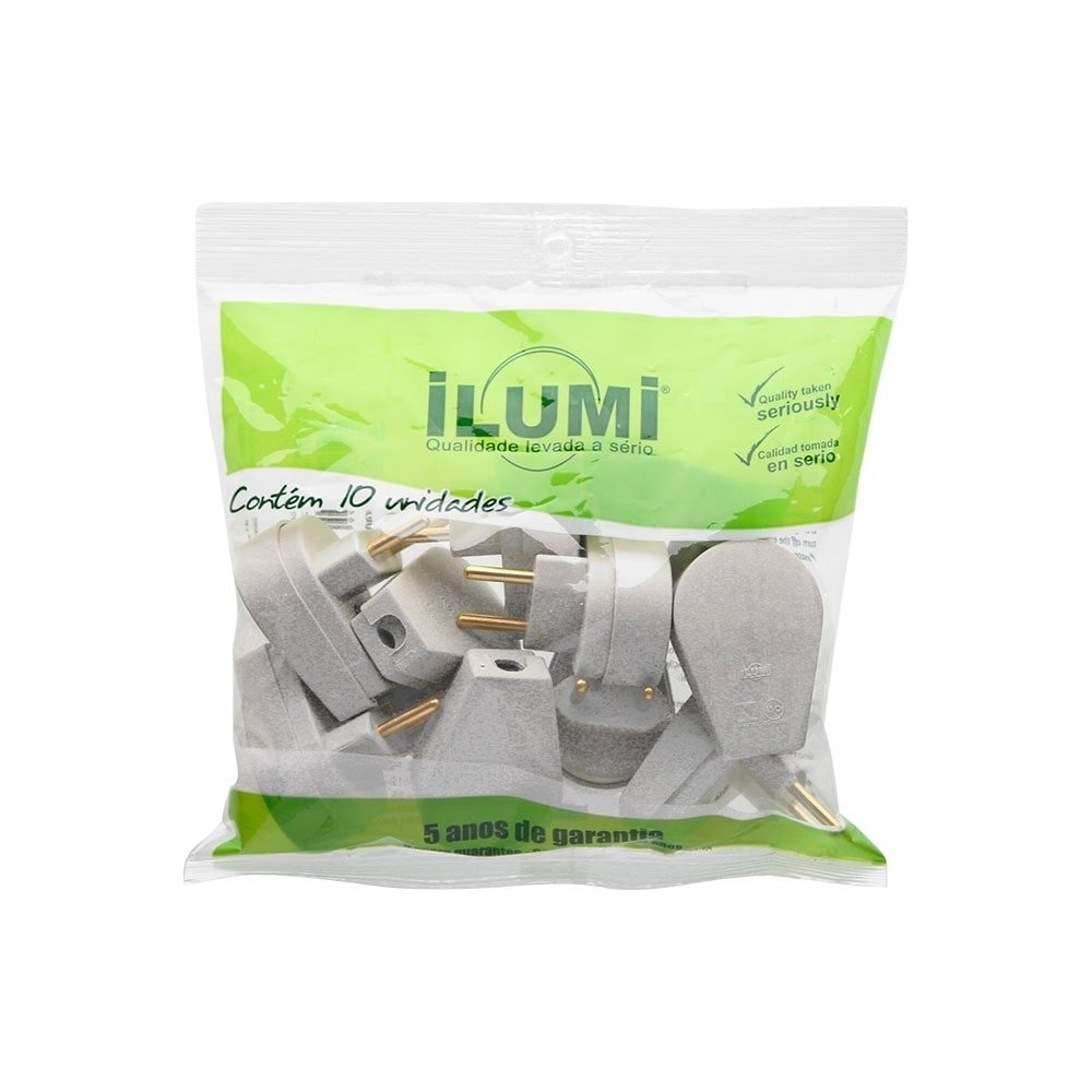 Pino Plug Macho Prensa Ilumi - Cabo Gigante Cinza 2P 10A 250V - Embalagem com 10 unidades
