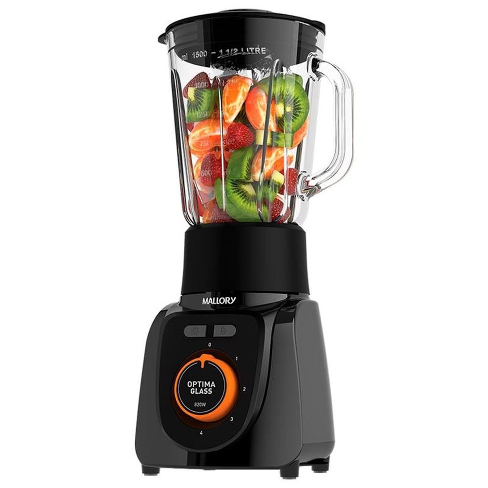 Liquidificador Mallory Optima Glass Copo de Vidro, 4 Velocidades + Pulsar, 820W, Preto, 110V