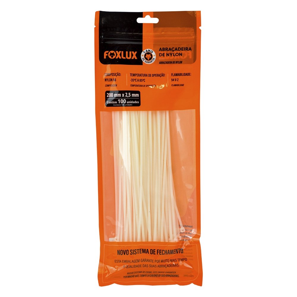 Abraçadeira Nylon Foxlux 200mm x 2,5mm Branco - Embalagem com 100 Unidades