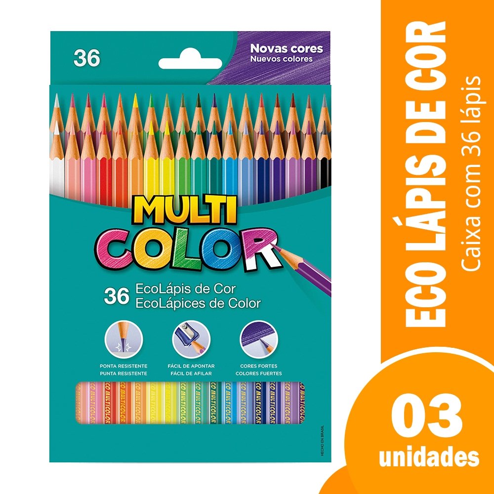 Lápis de Cor Multicolor - 3 Embalagens com 36 Cores