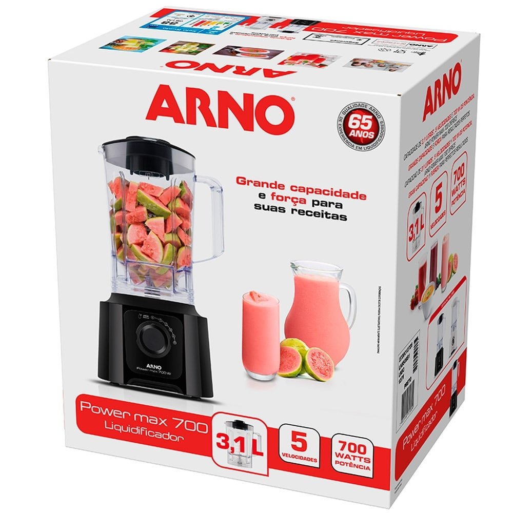 Liquidificador Arno LN50 Power Max - Copo de Cristal, 5 Velocidades + Pulsar, 700W, Preto, 110V