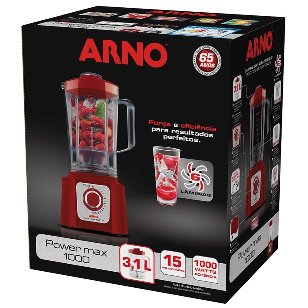 Liquidificador Arno LN54 Power Max - Copo de Plástico, 15 Velocidades + Pulsar, 1000W, Vermelho, 110V