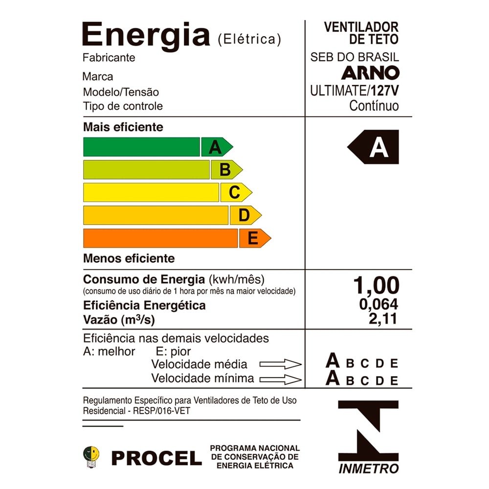 Ventilador de Teto Arno Ultimate VX10, 6 Velocidades, Branco, 110V