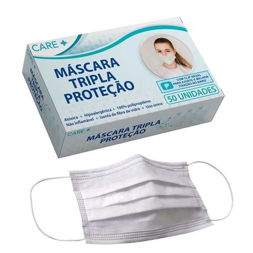 Máscara Descartável Care+ Tripla Proteção com Clip Nasal - Embalagem com 50 Unidades