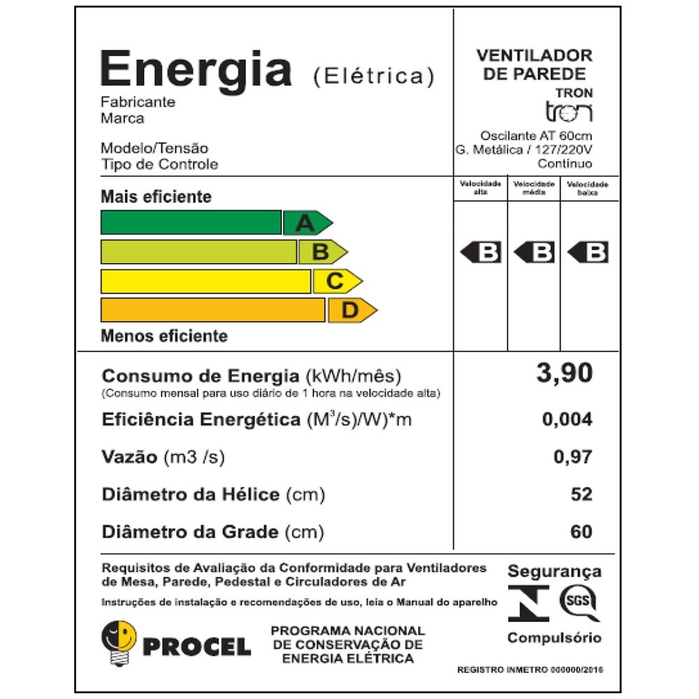 Ventilador de Parede Tron Oscilante AT 60cm 3 Pás Preto Bivolt