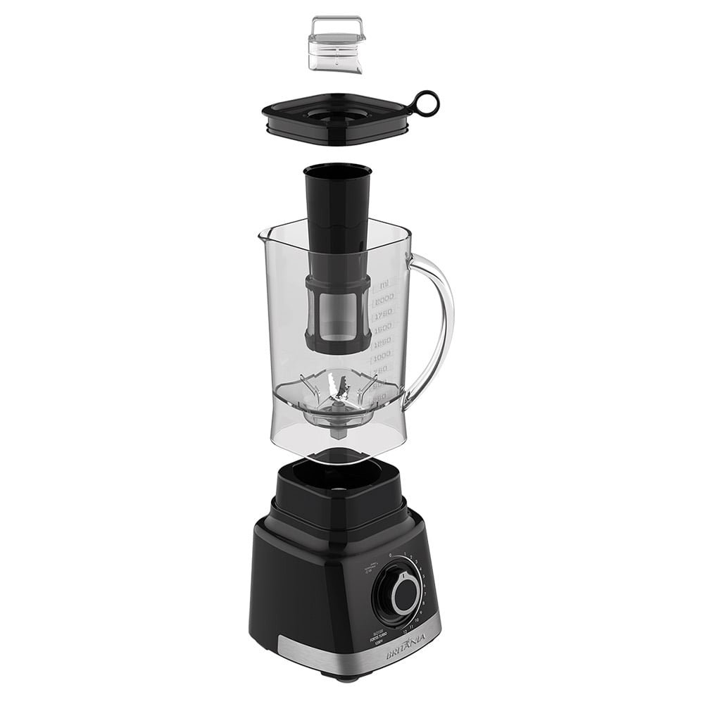 Liquidificador Britânia BLQ1300P Turbo - com Filtro, Copo de Plástico e 12 velocidades + Pulsar, 1200W, Preto, 220V