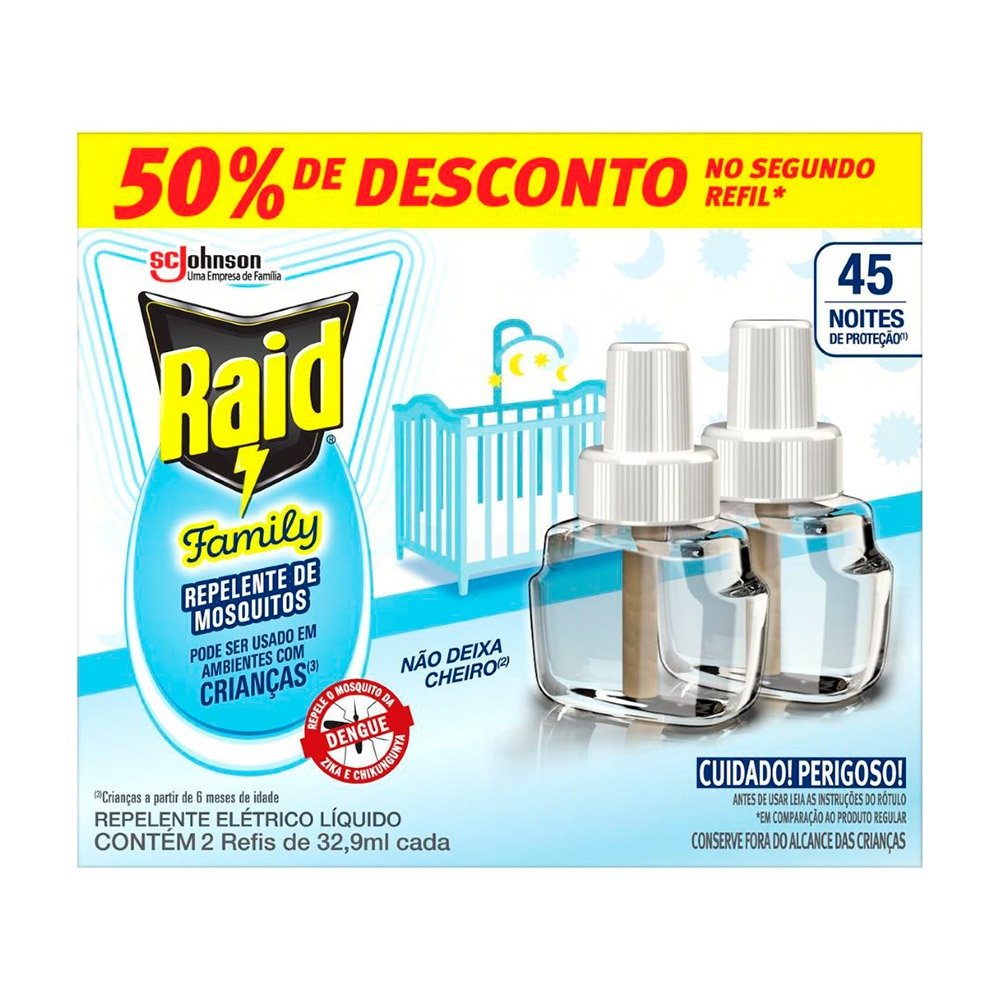 Repelente Líquido Elétrico 45 Noites Raid Family 32,9ml - 50% de Desconto no Segundo Refil Embalagem com 2 Unidades
