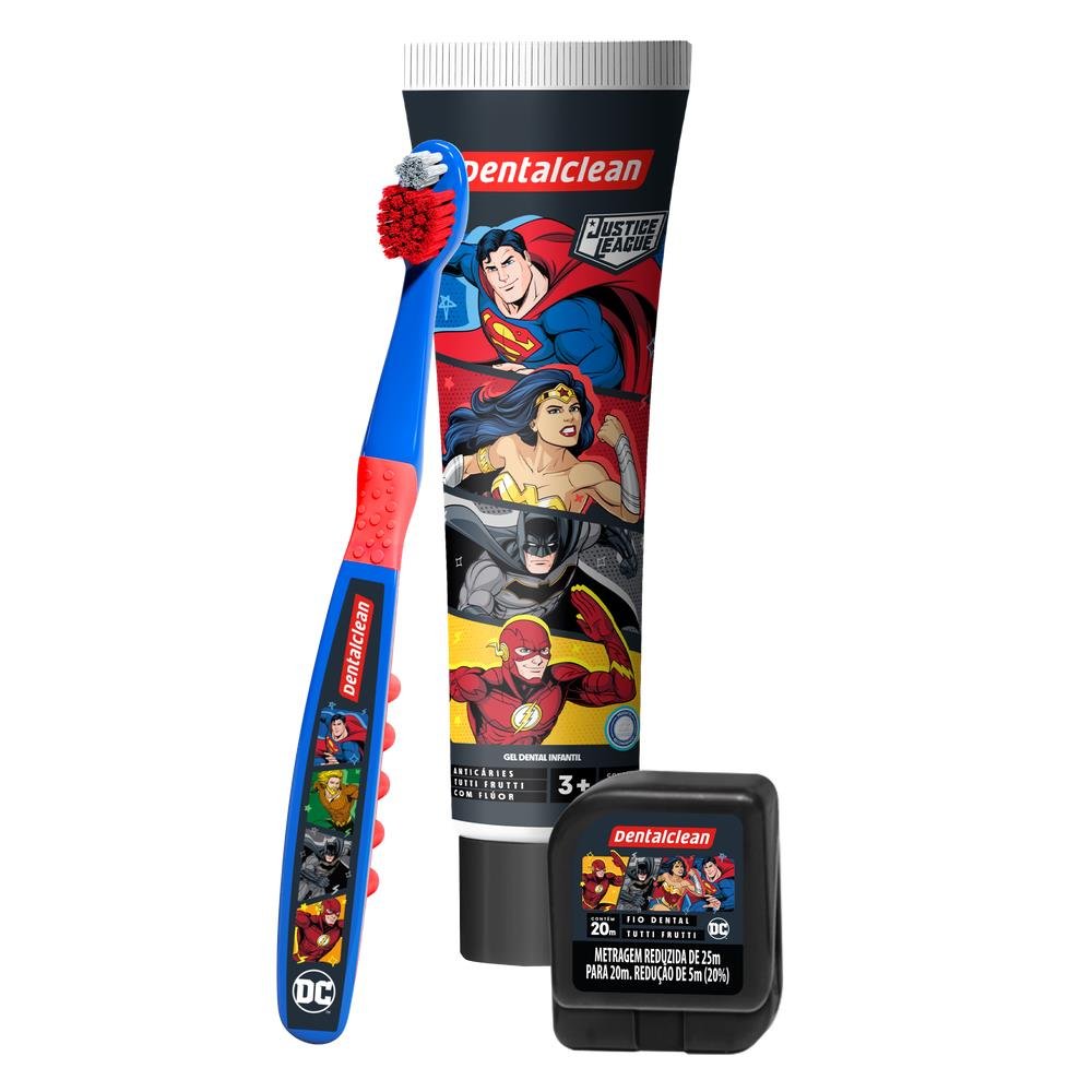 Kit Dentalclean Liga da Justiça Escova + Fio 20m + Gel Infantil com Flúor Tutti Frutti 50g