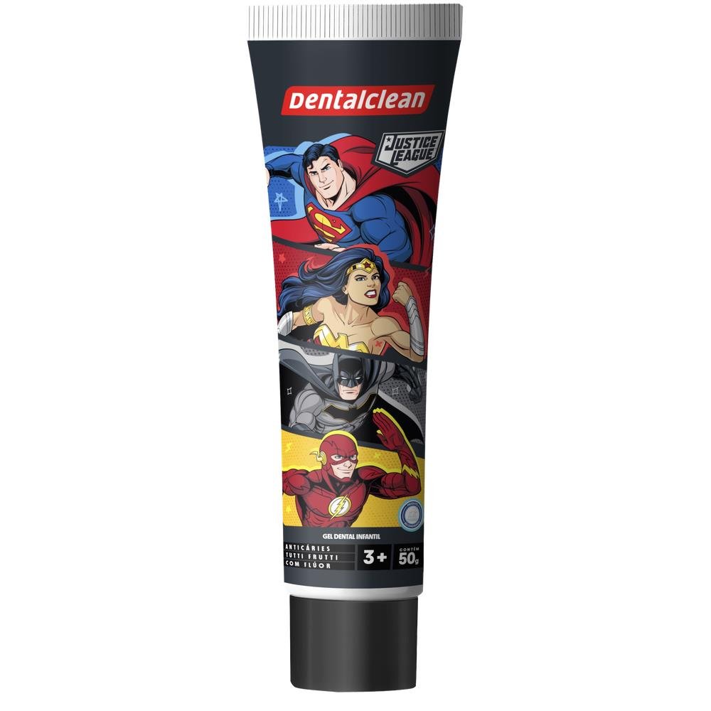 Kit Dentalclean Liga da Justiça Escova + Fio 20m + Gel Infantil com Flúor Tutti Frutti 50g