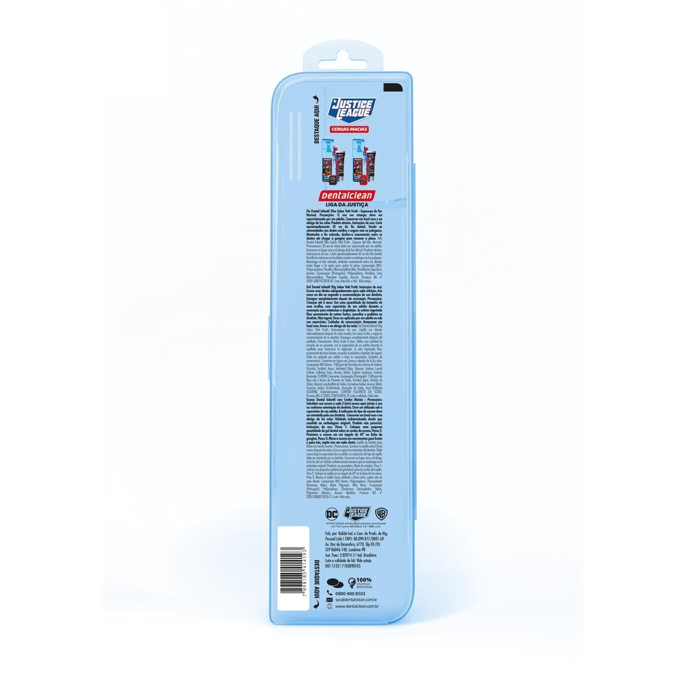 Kit Dentalclean Liga da Justiça Escova + Fio 20m + Gel Infantil com Flúor Tutti Frutti 50g