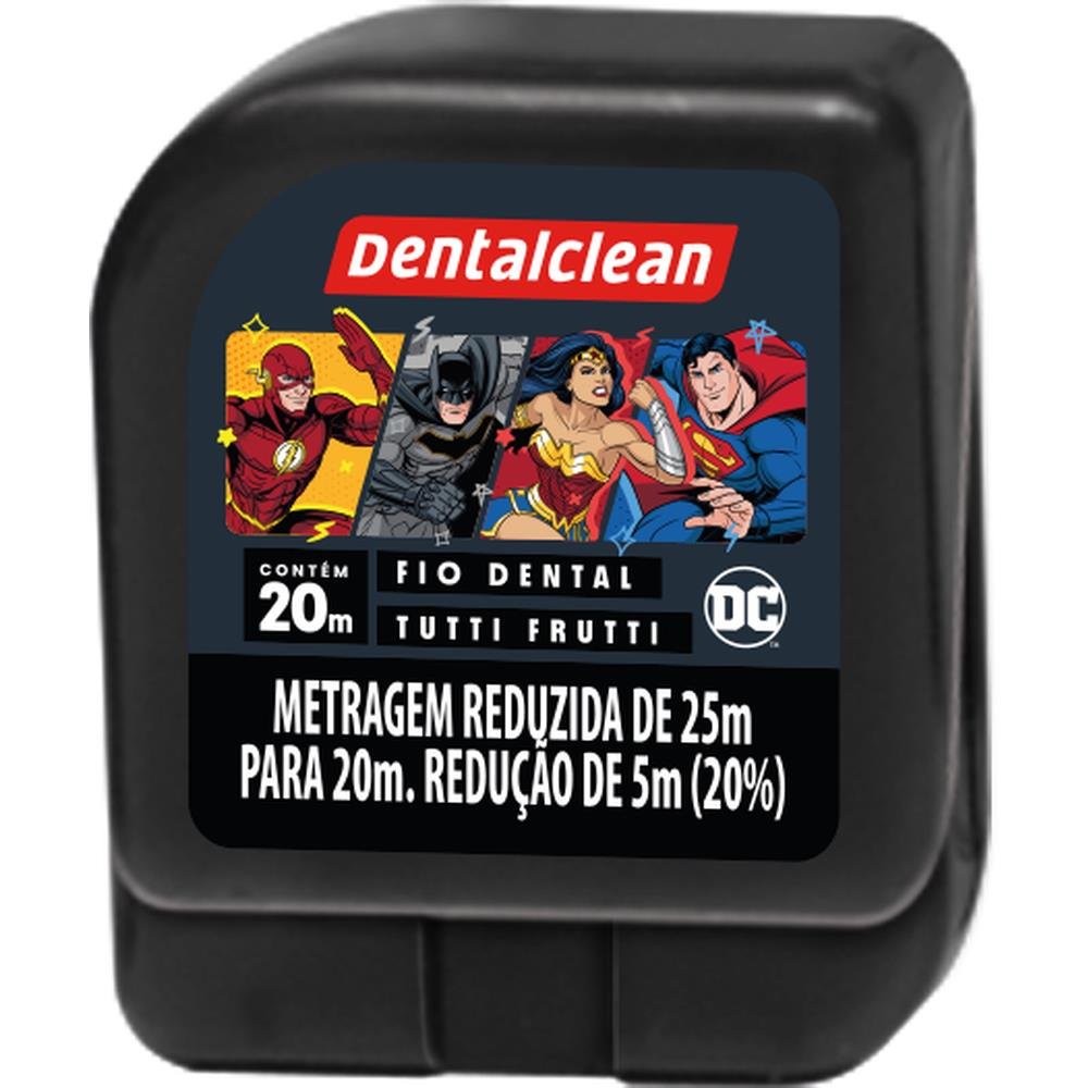 Kit Dentalclean Liga da Justiça Escova + Fio 20m + Gel Infantil com Flúor Tutti Frutti 50g