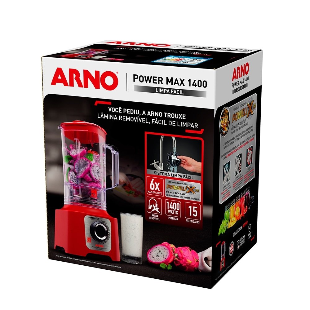 Liquidificador Arno LN56, Power Max - Limpa fácil, Copo Tritan e 15 Velocidades + Pulsar, 1400W, Vermelho, 110V