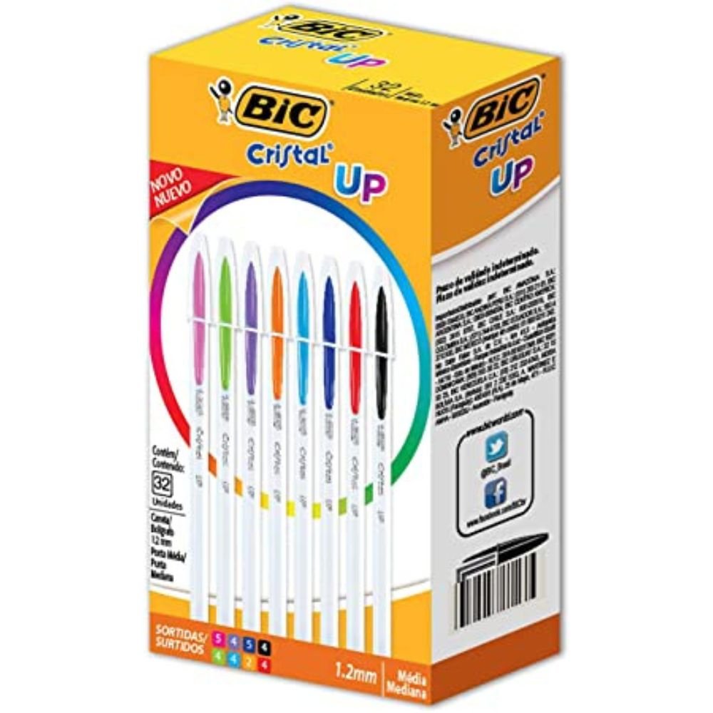 Caneta Esferográfica Bic Cristal Up 8 Cores Vibrantes, Ponta Média de 1.2mm, Caixa Com 32 Unidades, Corpo Branco