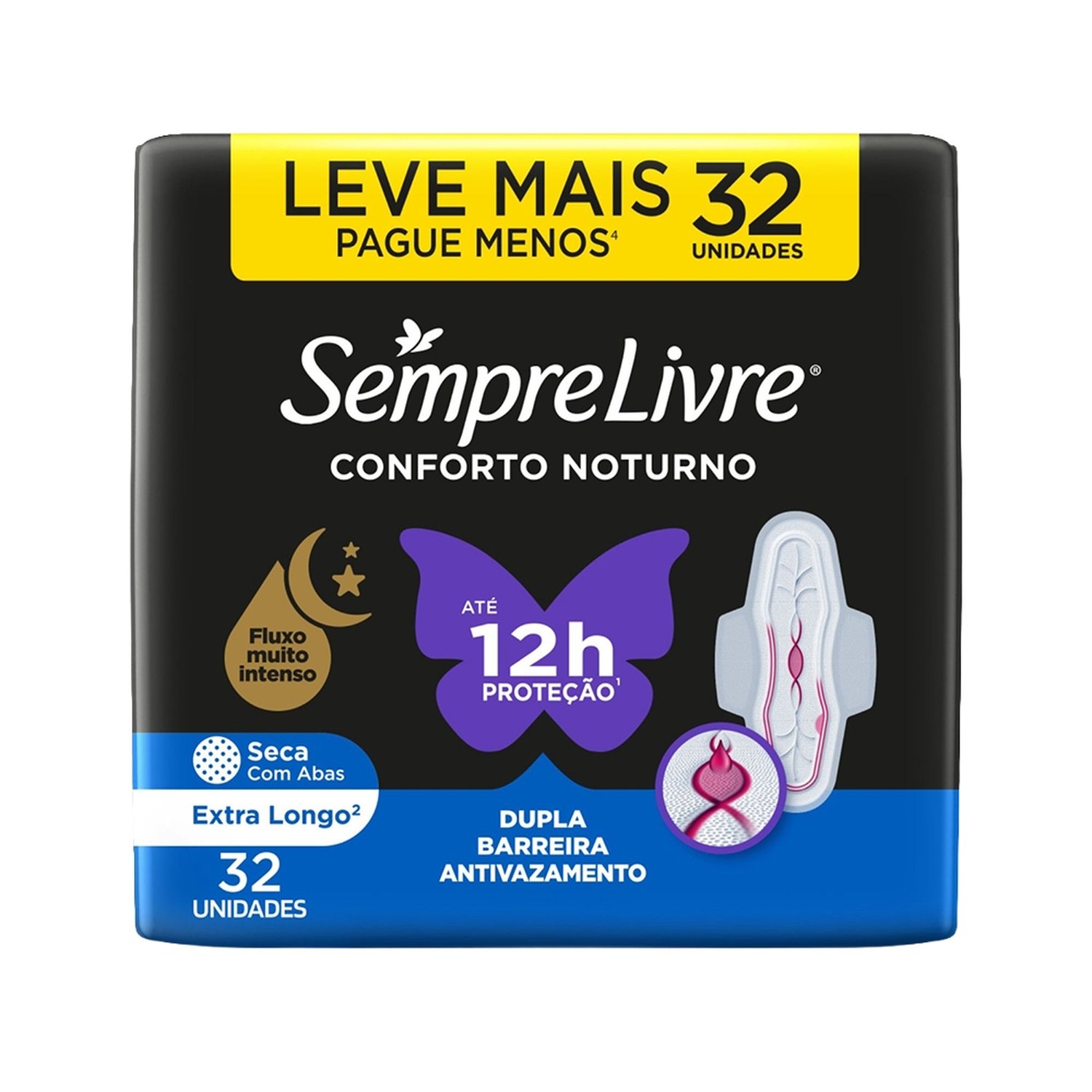 Absorvente Sempre Livre Tri Protect Noturno - Cobertura Seca com Abas Leve Mais Pague Menos - Embalagem com 32 Unidades