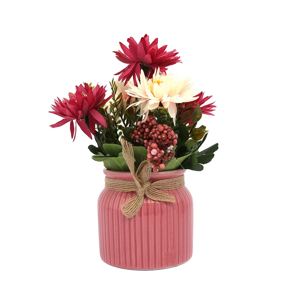 Arranjo Artificial Vaso Cerâmica Redondo Crisântemo Mix