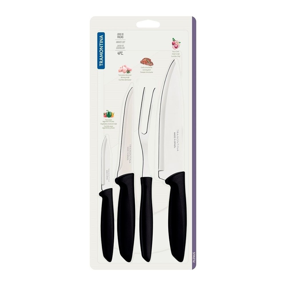Conjunto de Facas Tramontina Plenus, Cabo Preto, Inox, 4 Peças