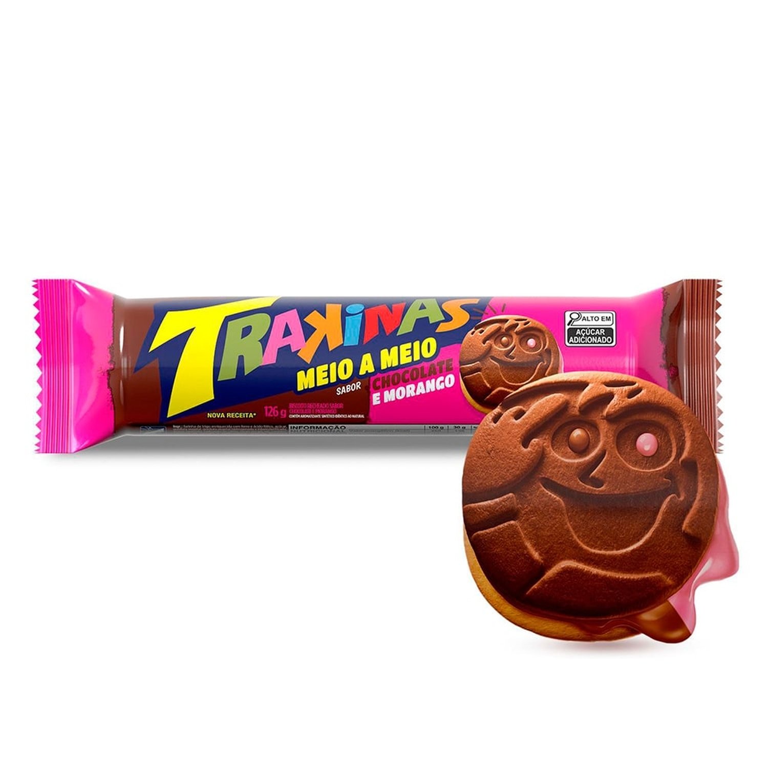Biscoito Trakinas Meio Chocolate e Morango 126g - Embalagem com 54 Unidades
