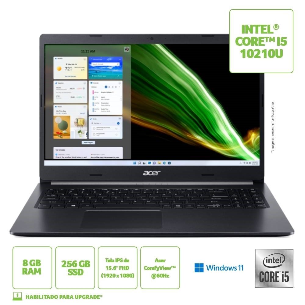 Notebook Acer Aspire 5, Tela de 15.6", Intel Core i5, SSD 256GB, 8GB RAM, Windows 11, Preto