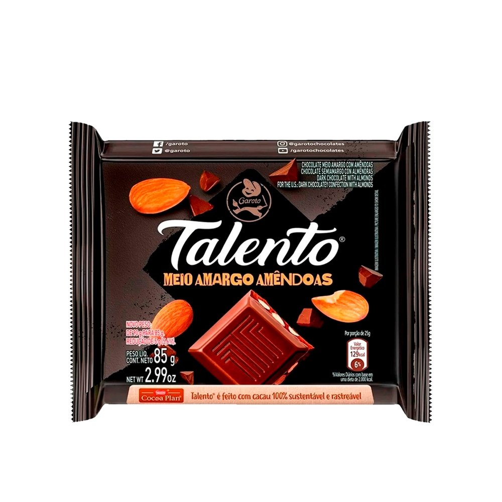 Chocolate Garoto Talento Meio Amargo com Amêndoas 85g - Embalagem com 12 Unidades