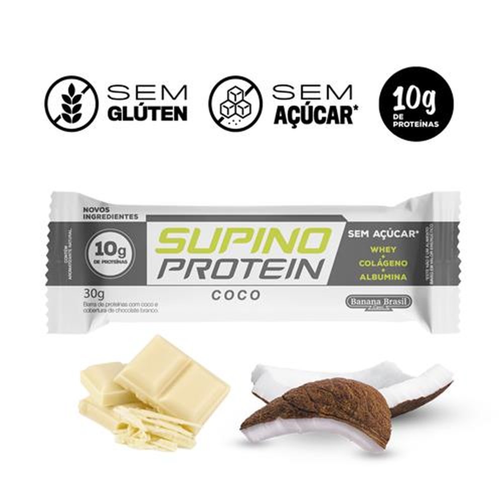 Barra de Proteinas - Supino Protein - Sabor Coco - Zero Calorias com Cobertura de Chocolate Branco 30g - Display com 12 unidades