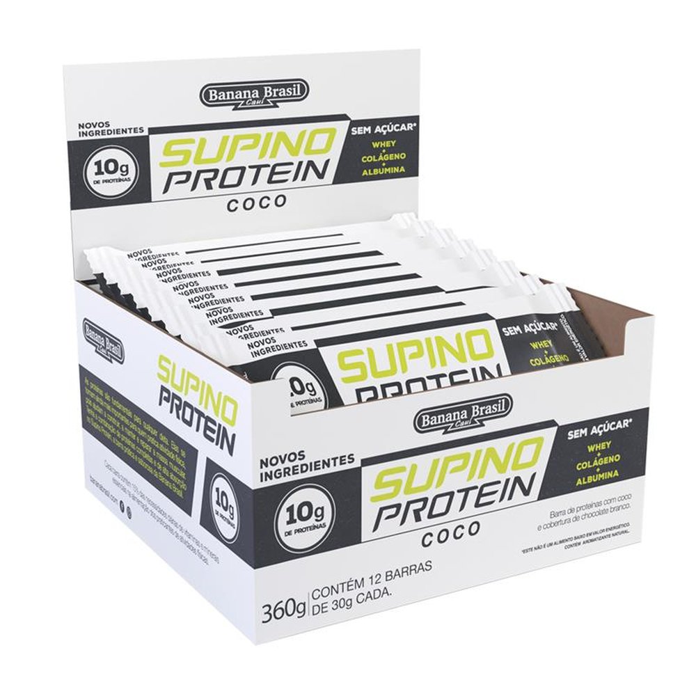 Barra de Proteinas - Supino Protein - Sabor Coco - Zero Calorias com Cobertura de Chocolate Branco 30g - Display com 12 unidades