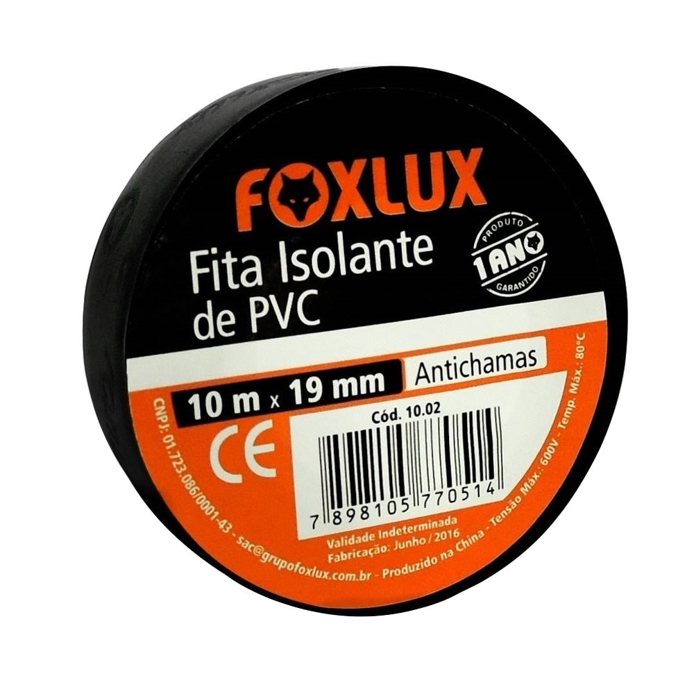 Fita Isolante Foxlux 19mmx10m Preto - Embalagem com 10 Unidades