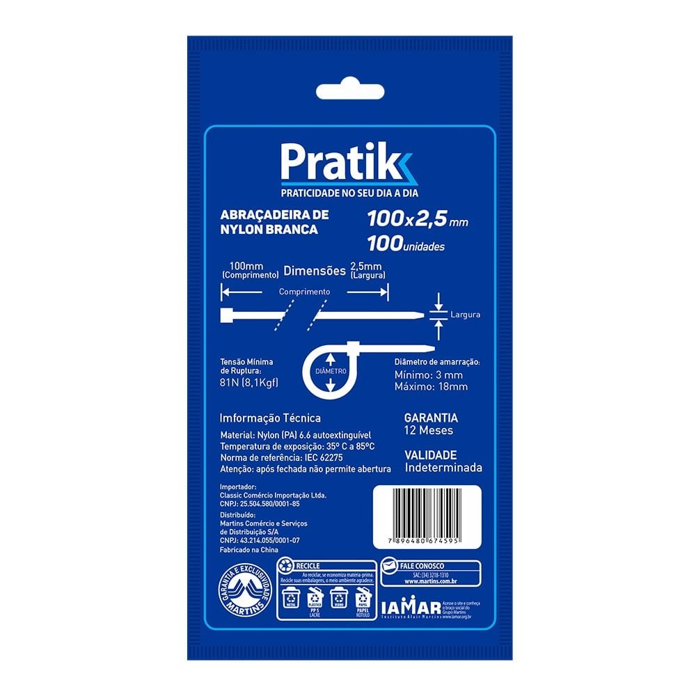Abraçadeira Nylon Pratik 100x2,5mm Branco - Embalagem com 100 Unidades