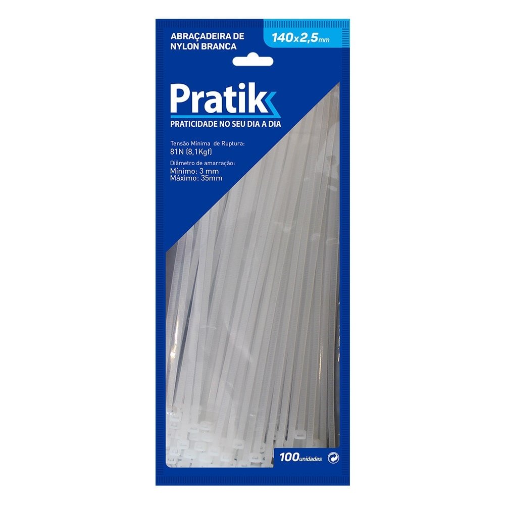 Abraçadeira Nylon Pratik 140x2,5mm Branco - Embalagem com 100 Unidades