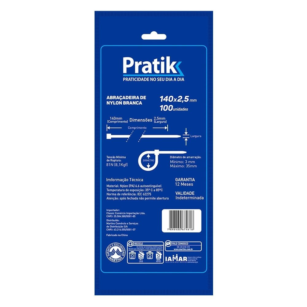 Abraçadeira Nylon Pratik 140x2,5mm Branco - Embalagem com 100 Unidades