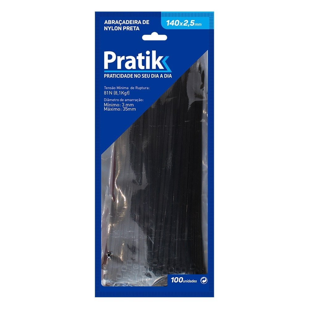 Abraçadeira Nylon Pratik 140x2,5mm Preto - Embalagem com 100 Unidades