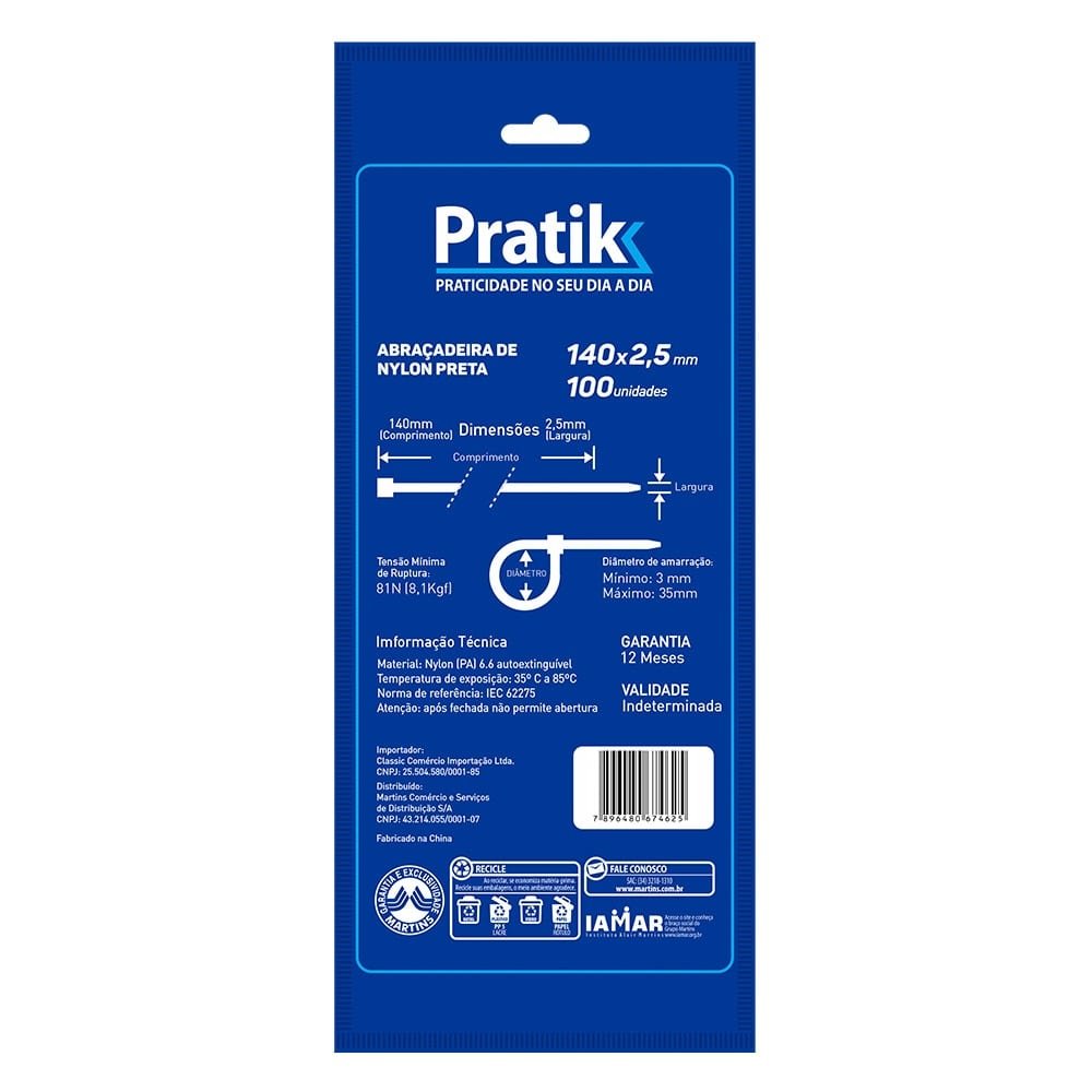 Abraçadeira Nylon Pratik 140x2,5mm Preto - Embalagem com 100 Unidades