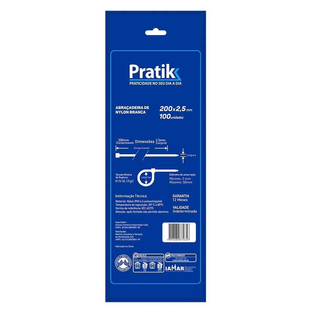 Abraçadeira Nylon Pratik 200x2,5mm Branco - Embalagem com 100 Unidades