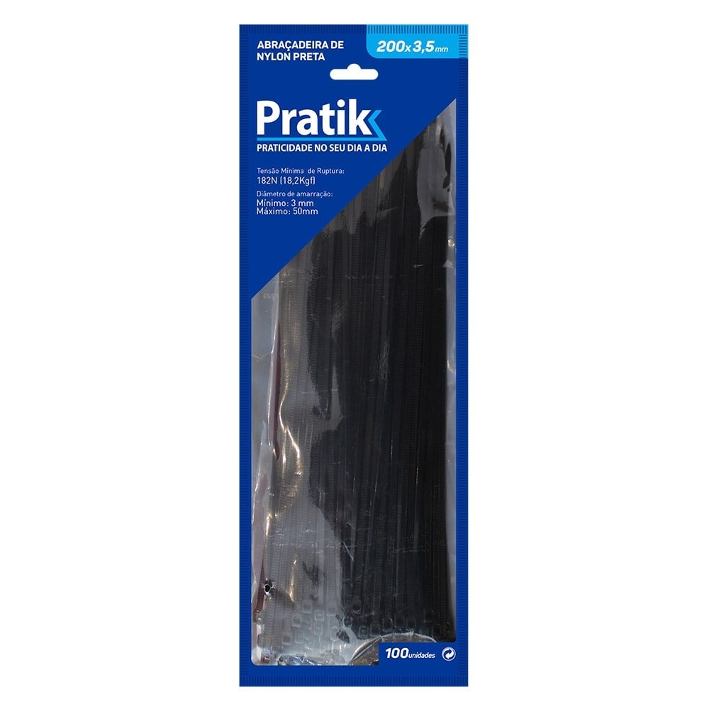 Abraçadeira Nylon Pratik 200x3,5mm Preto - Embalagem com 100 Unidades