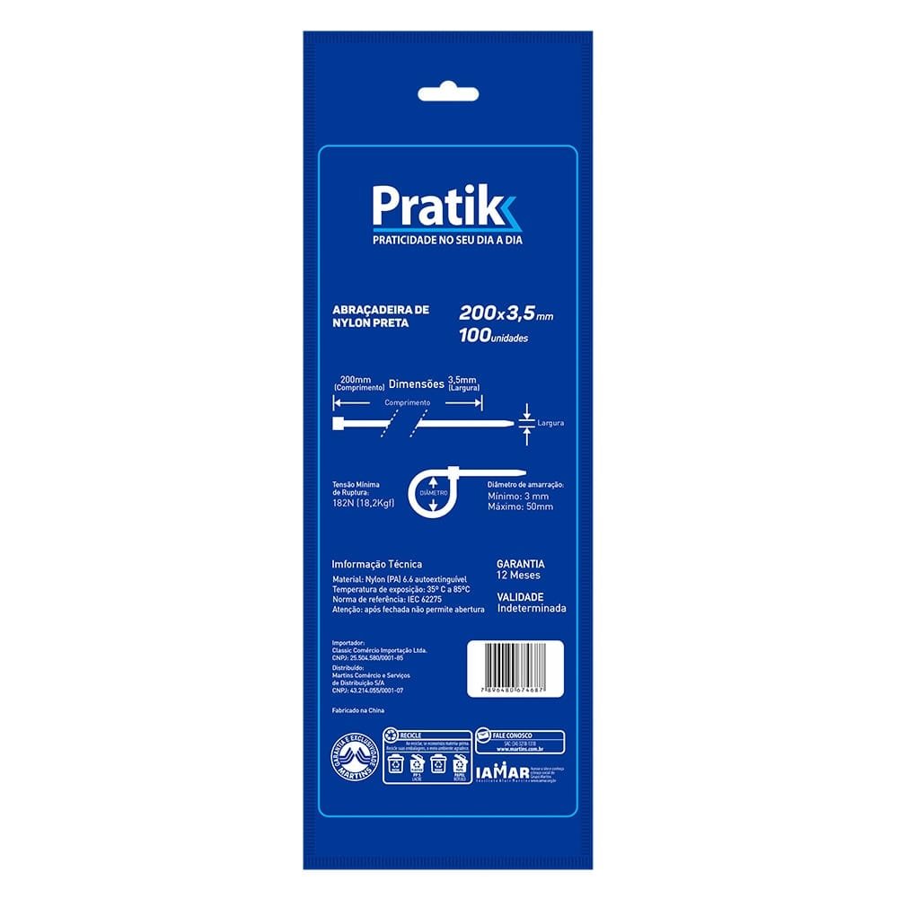 Abraçadeira Nylon Pratik 200x3,5mm Preto - Embalagem com 100 Unidades
