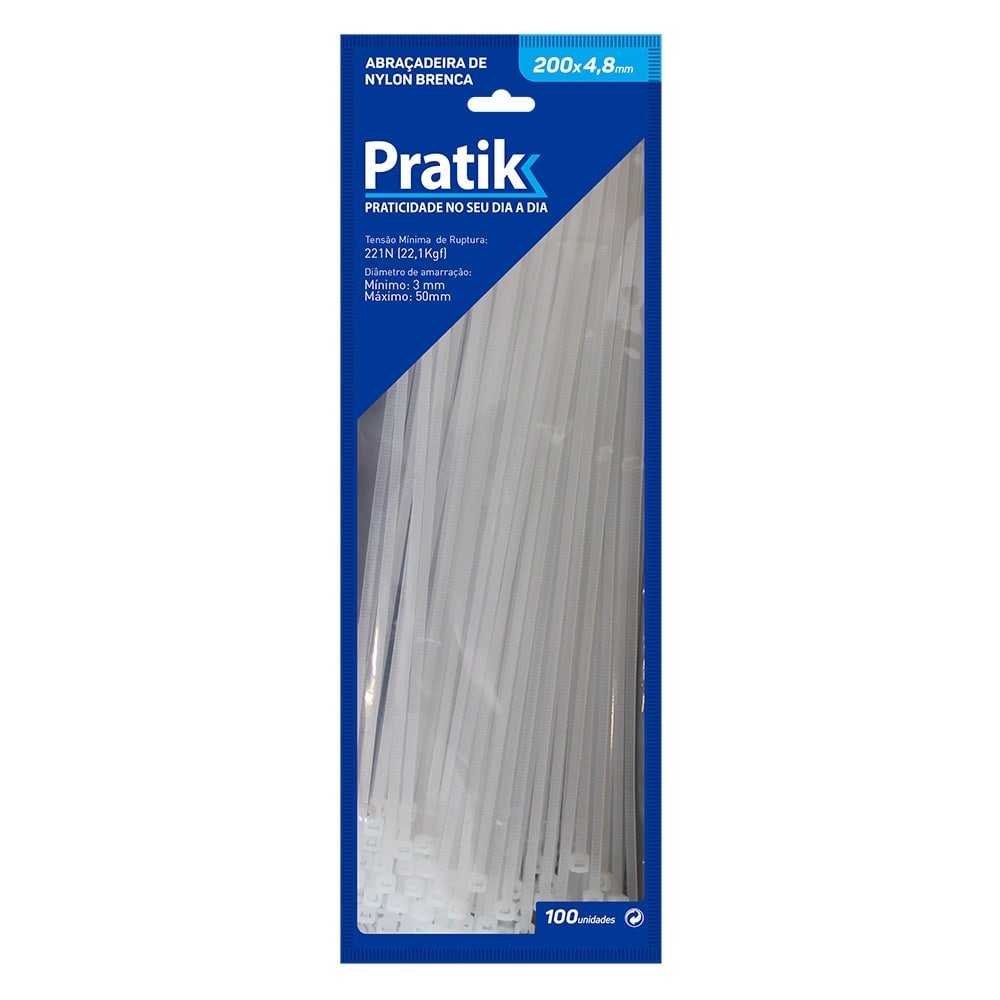 Abraçadeira Nylon Pratik 200x4,8mm Branco - Embalagem com 100 Unidades